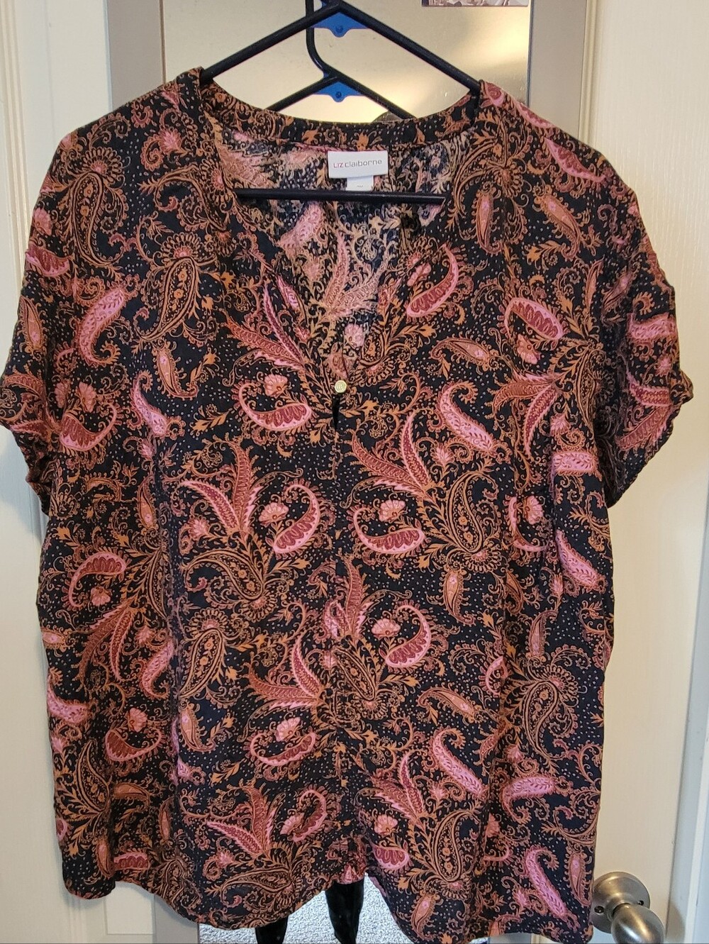 Liz Claiborne Black with Pink Paisley Short Sleeve Blouse
